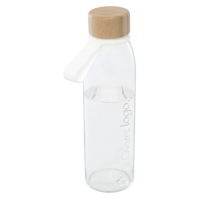 Bouteille personnalisée eau verre 500 ml avec couvercle bambou et sangle