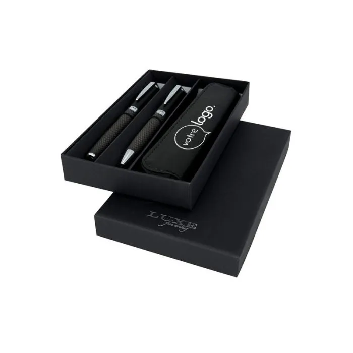 Parure de stylos bille et roller avec étui personnalisé - Carbon