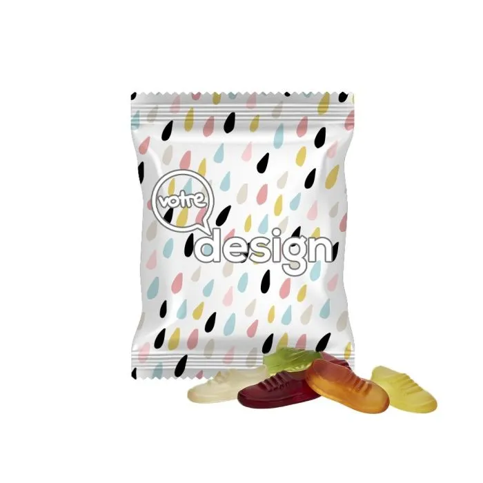 Gommes de fruits vegans en forme de baskets en sachet opaque personnalisé  20g