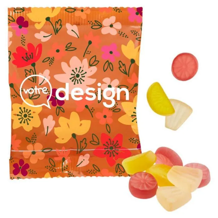 Gommes de fruits exotiques VEGAN emballage publicitaire opaque  20g