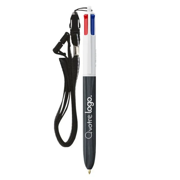Stylo BIC® 4 couleurs publicitaire effet bois avec lanière – Wood Style