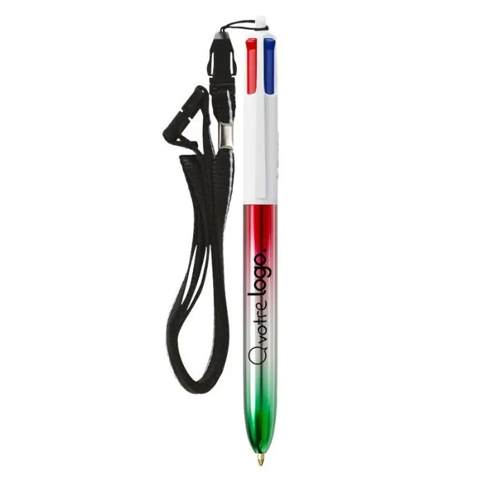 Stylo à bille personnalisable 4 couleurs avec lanière - BIC® Collection Drapeaux