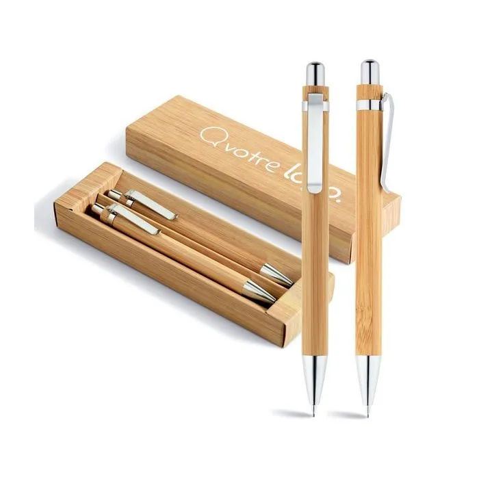 Set stylo à bille et porte-mine bambou personnalisé GREENY