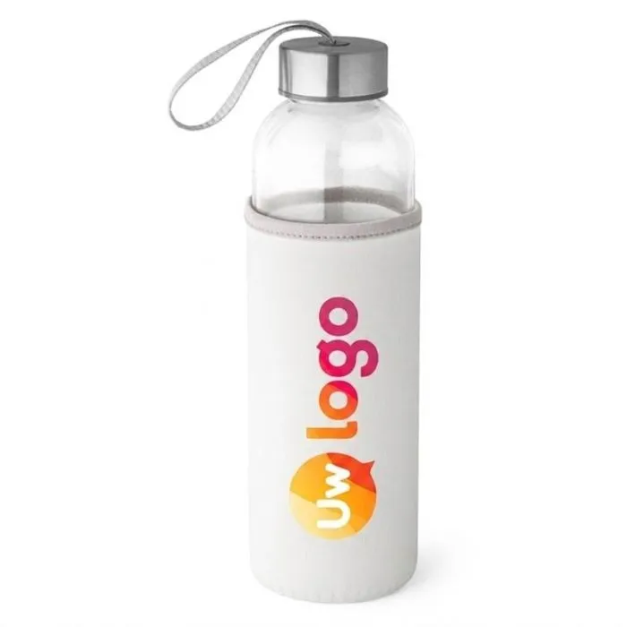 Glazen fles van 500 ml met gepersonaliseerd hoesje – lekvrij