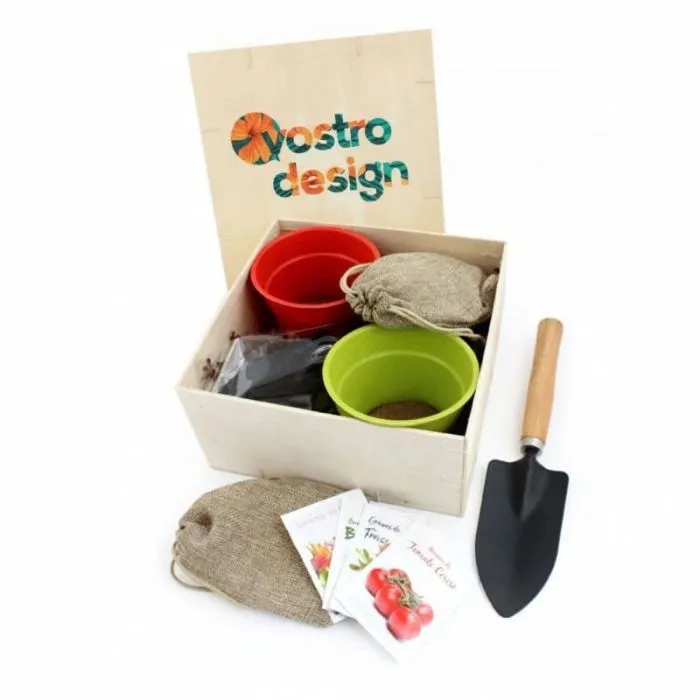 Cofanetto da giardinaggio in legno con scopo pubblicitario
