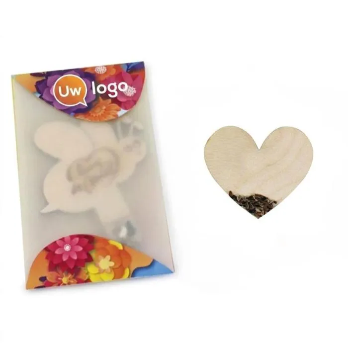 Gepersonaliseerd zakje met houten stokje in de vorm van een hartje