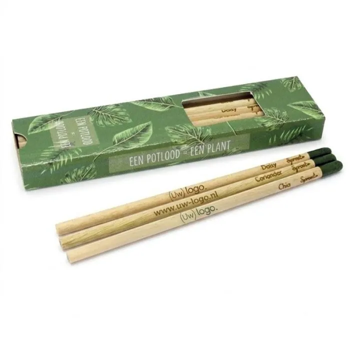 Gepersonaliseerde set van 6 houten potloden met zaadjes en gekleurde stift