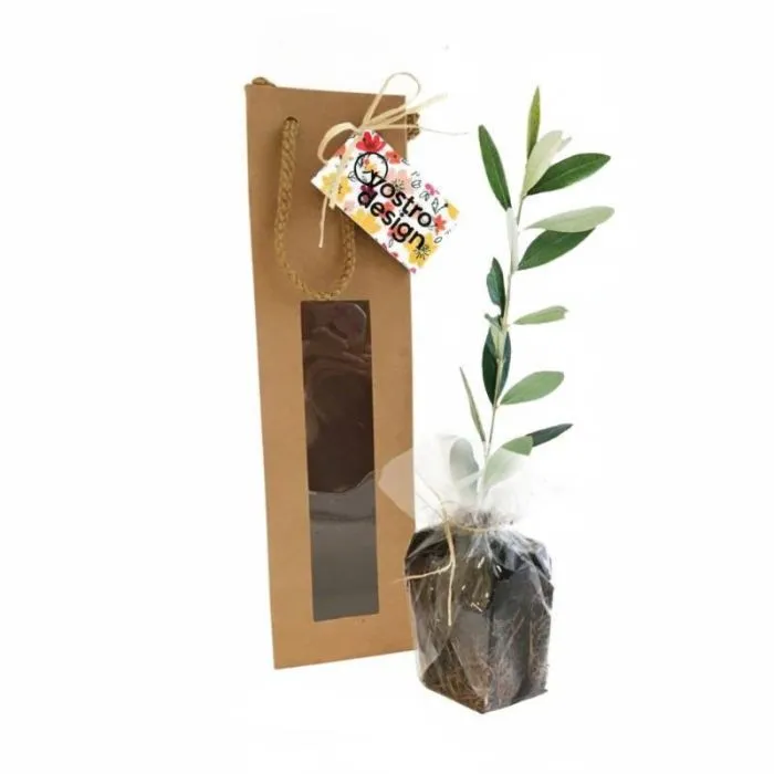 Piantina di ulivo in sacchetto di carta kraft personalizzato con finestra