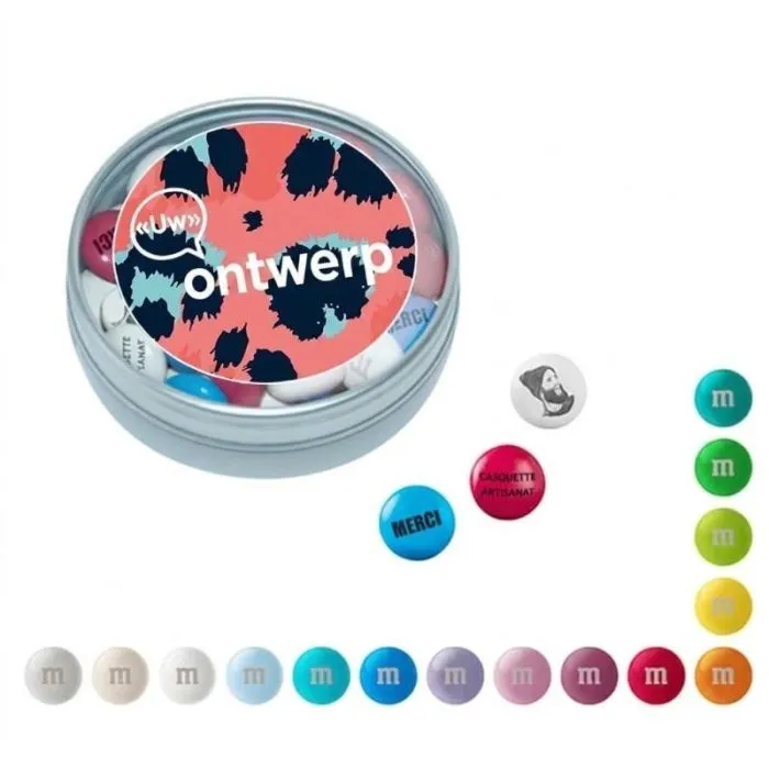 M&M’S® die je zelf kunt samenstellen met maximaal 3 kleuren, in een doorzichtige doos