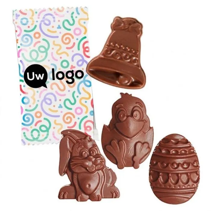 Gepersonaliseerd zakje met chocoladefiguurtjes voor Pasen