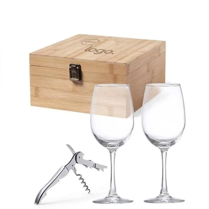 Set da vino personalizzato in bambù con bicchieri in cristallo e cavatappi