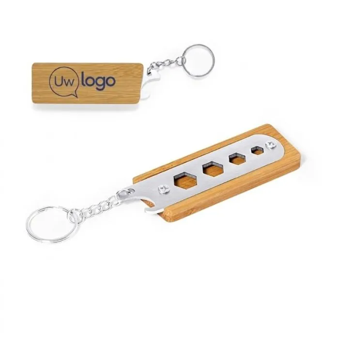 Personaliseerbare multitool-sleutelhanger van staal en bamboe – Balmy