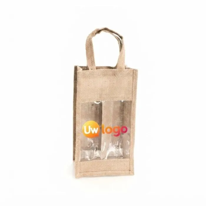 Gepersonaliseerde tas voor 2 flessen van jute, met Koop-reclame