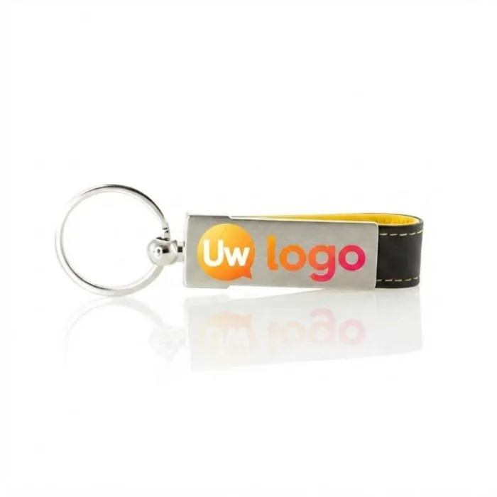 Personaliseerbare sleutelhanger van tweekleurig kunstleer met metalen details – Boriem