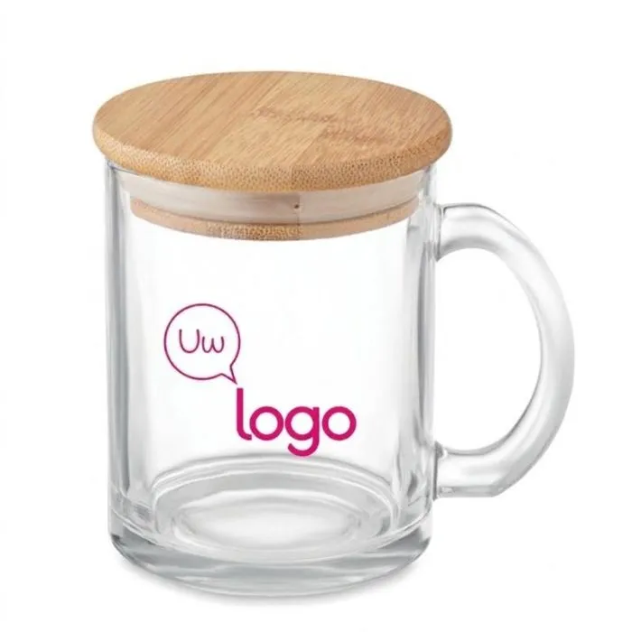 Reclamebeker van gerecycled glas, 300 ml, met bamboe deksel - CELESTIAL