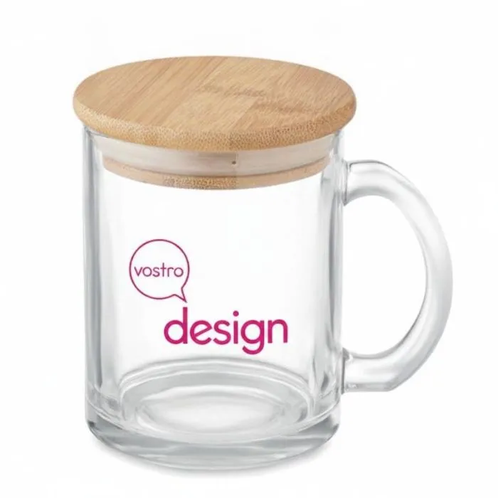 Tazza promozionale in vetro riciclato da 300 ml con coperchio in bambù - CELESTIAL