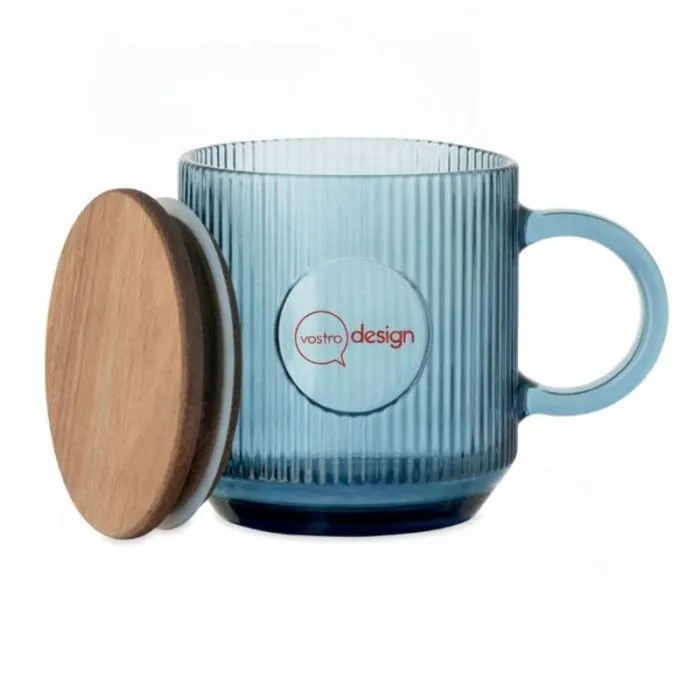Tazza promozionale da 300 ml in vetro scanalato con coperchio in legno di acacia - VITRIO MUG