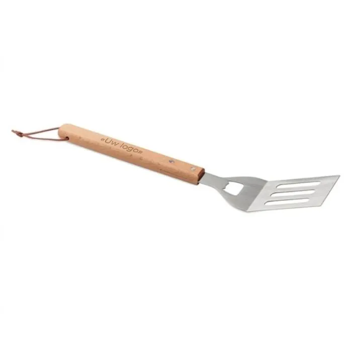 Personaliseerbare barbecuespatel van beukenhout en roestvrij staal met flesopener - Opencook