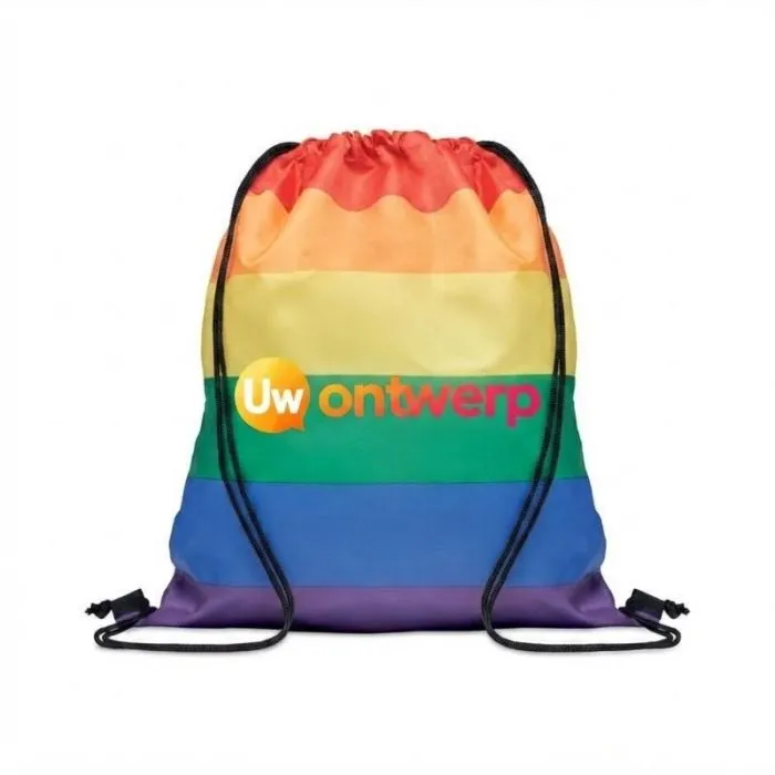 Gepersonaliseerde RPET BOW-tas met trekkoord in regenboogkleuren