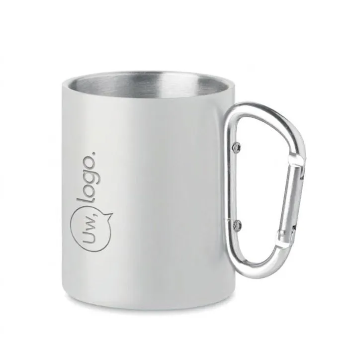 Metalen mok met karabijnhaak als reclameartikel, 300 ml - AROM