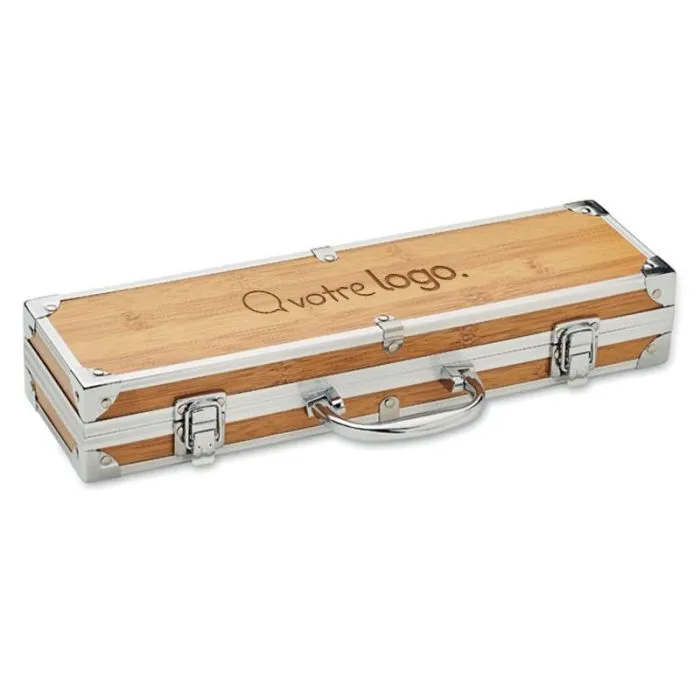 Set barbecue personnalisé 3 ustensiles inox et bois en coffret aluminium-TOOLDERA