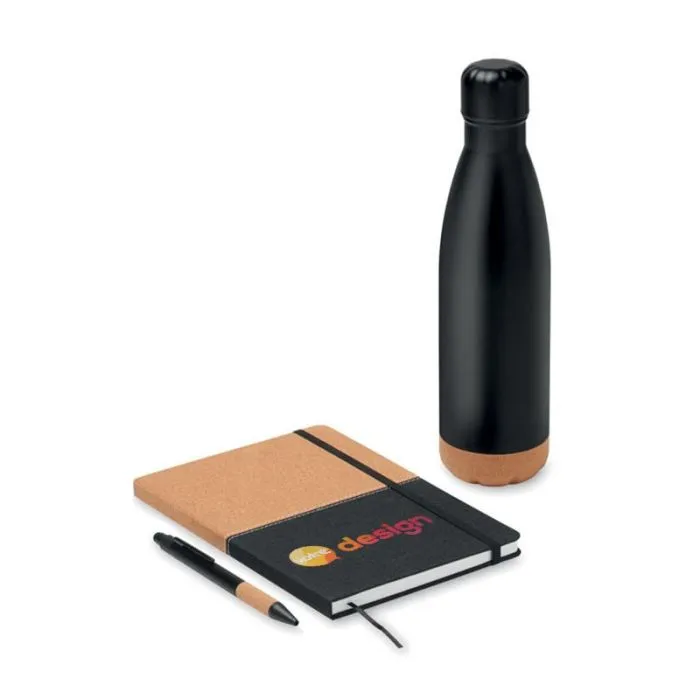 Coffret cadeau personnalisable avec bouteille isotherme, carnet A5 et stylo