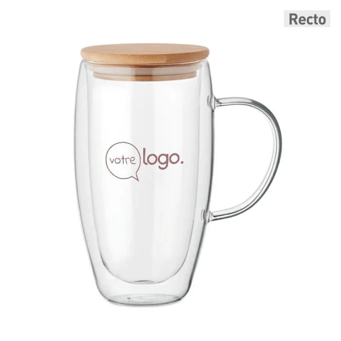 Mug personnalisable en verre borosilicate double paroi avec couvercle bambou – 450 ml