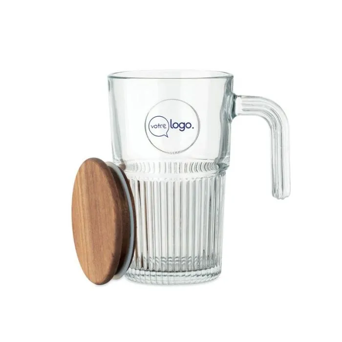 Tasse publicitaire en verre avec couvercle acacia - VITRIO JAR