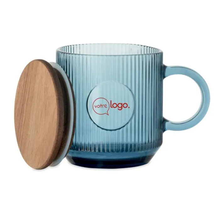 Mug publicitaire 300ml en verre strié avec couvercle en acacia - VITRIO MUG