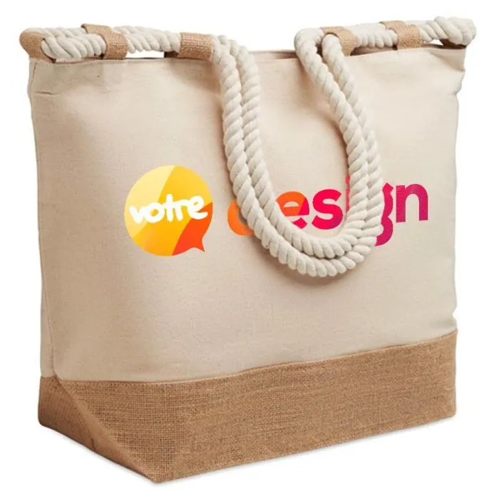 Sac de plage personnalisable en coton et jute avec fermeture zippée - Makenke