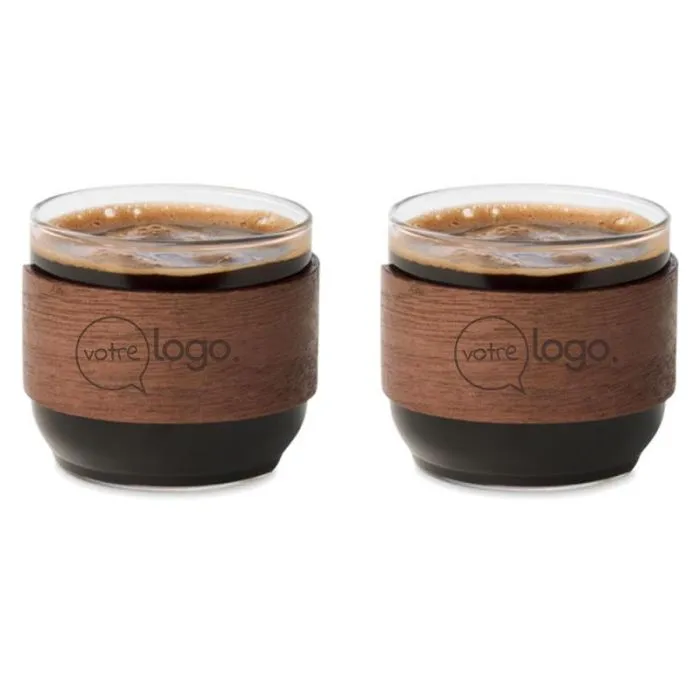 Set de 2 tasses à café en verre borosilicate avec poignées en noyer-BOGOTA SET