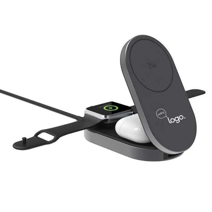 Chargeur sans fil pliable 25W 3-en-1 en ABS recyclé personnalisable - Quantum