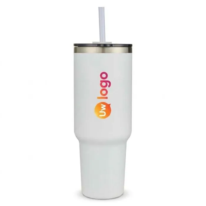 Dubbelwandige mok met rietje, gepersonaliseerd, van gerecycled roestvrij staal, 1200 ml – Sydney