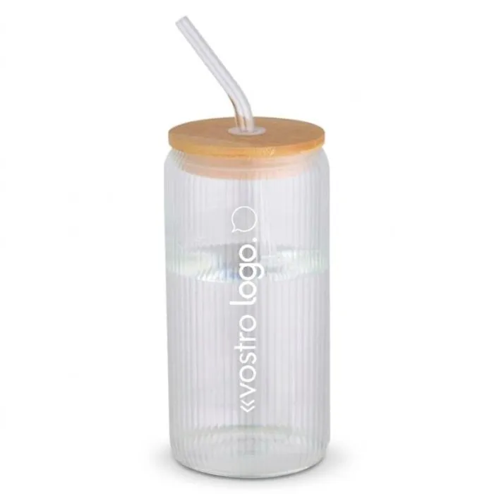 Vaso in vetro borosilicato personalizzabile con cannuccia e coperchio in bambù da 500 ml - Mirage