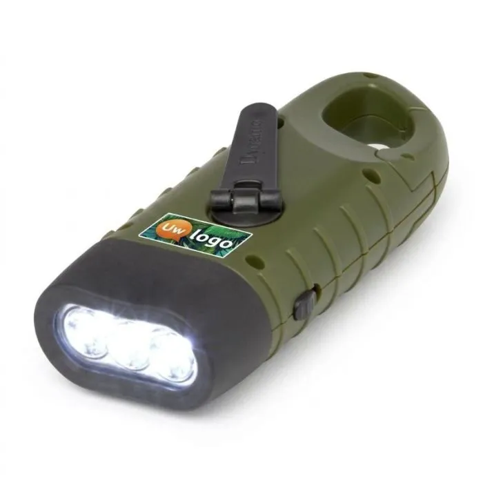 Gepersonaliseerde Helios-zaklamp op zonne-energie en dynamo van gerecycled plastic