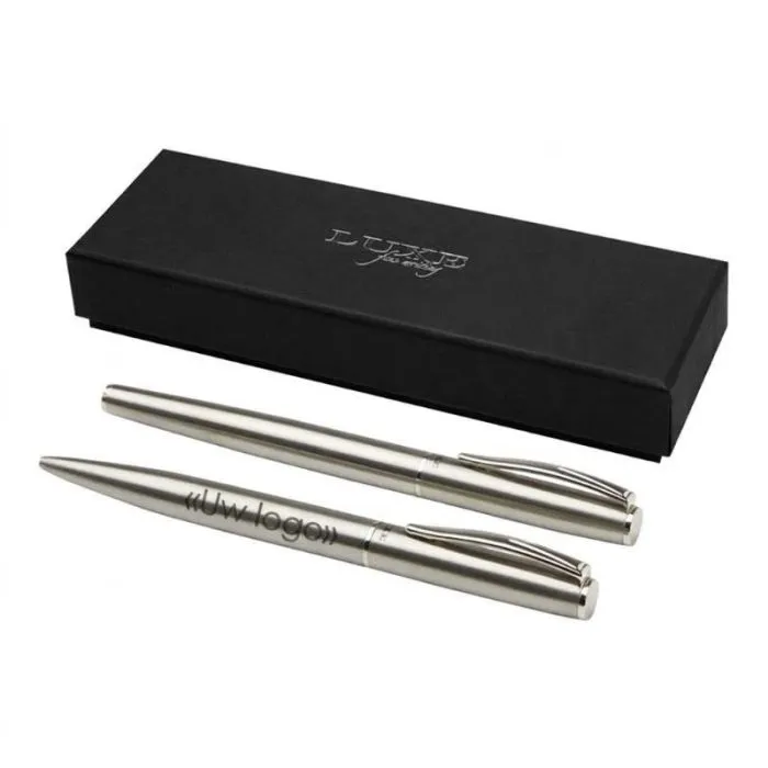 Gepersonaliseerde set met balpen en rollerpen van Didimis, gemaakt van gerecycled roestvrij staal