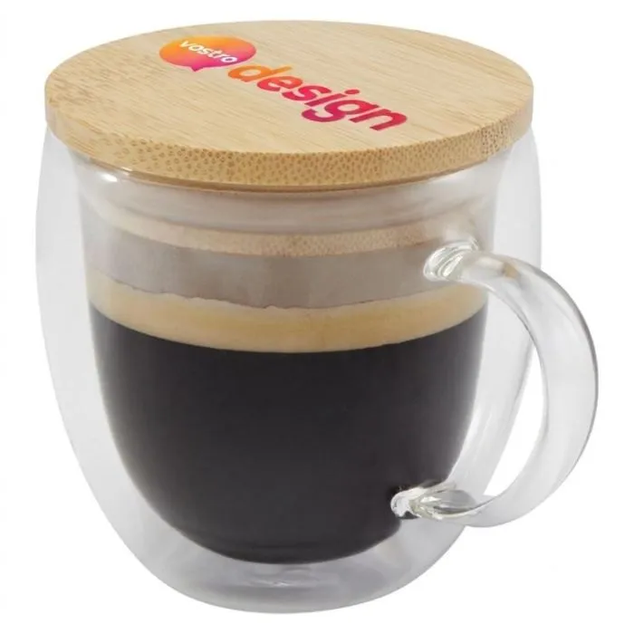Bicchiere termico in vetro personalizzato da 250 ml con coperchio in bambù