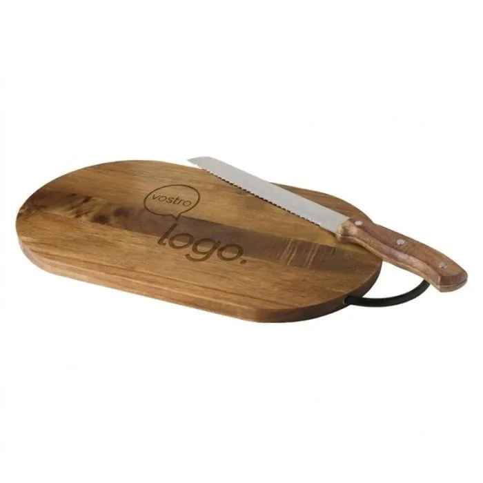 Tagliere pubblicitario in legno di acacia con coltello da pane - Prestige