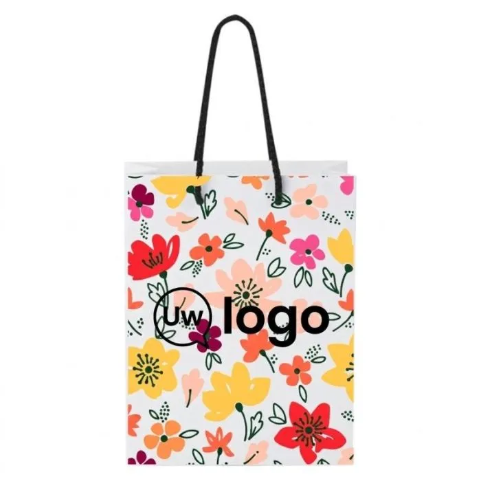 Papieren tas van 170 g/m² met plastic handvatten, middelgroot, met reclameopdruk