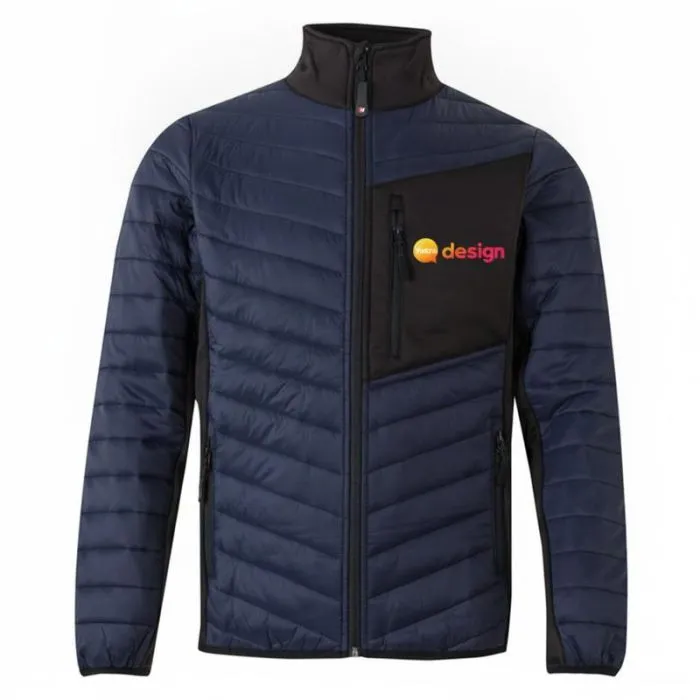 Giacca imbottita personalizzata con tessuto elasticizzato a contrasto e tre tasche con cerniera