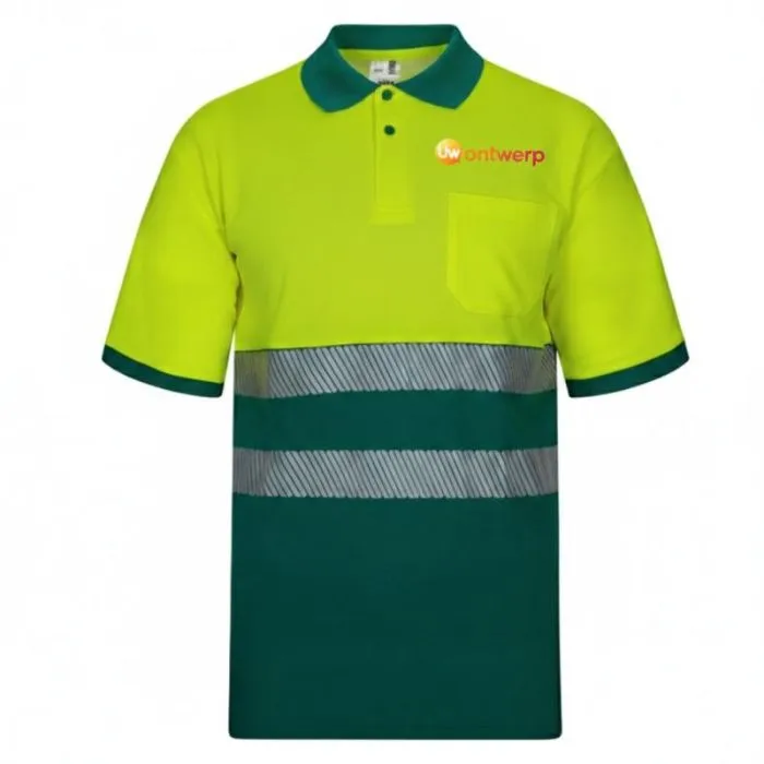Gepersonaliseerde polo van tweekleurig piqué met segmentvormige reflecterende strepen en een zak