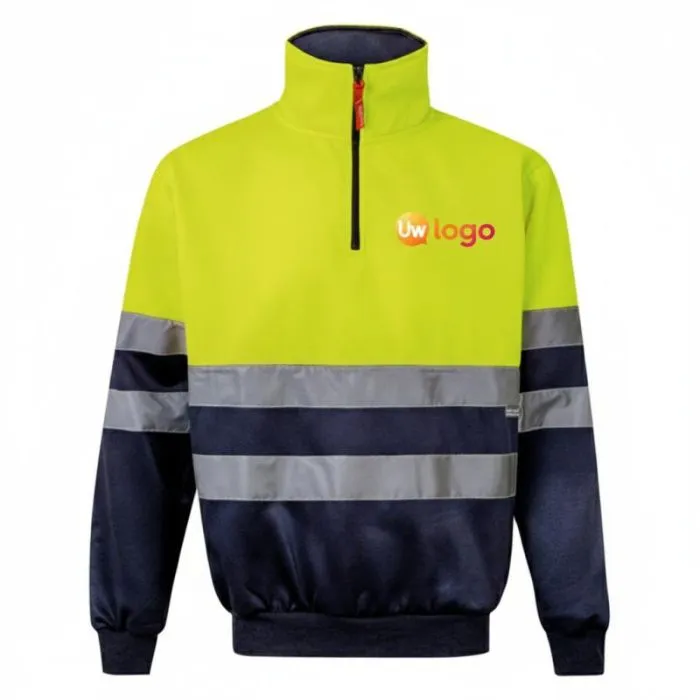 Tweekleurig sweatshirt op maat met reflecterende banden en een opstaande kraag met ritssluiting