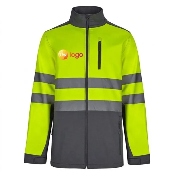 Tweekleurig softshell-jack met reflecterende strepen en zakken met ritssluiting, gepersonaliseerd