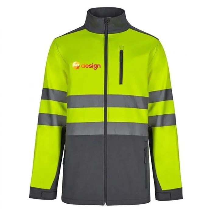 Giacca softshell personalizzata bicolore con strisce riflettenti e tasche con cerniera