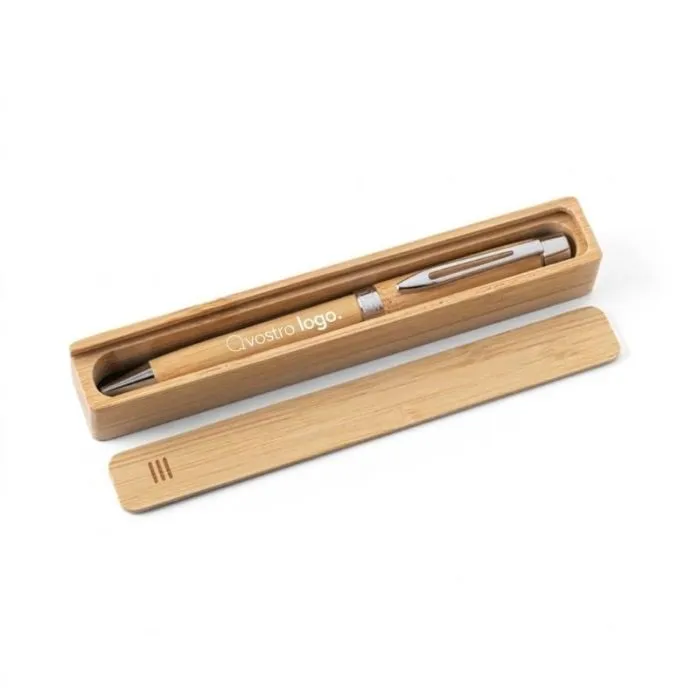 Penna a sfera promozionale in bambù con cofanetto regalo a scorrimento – BAHIA II