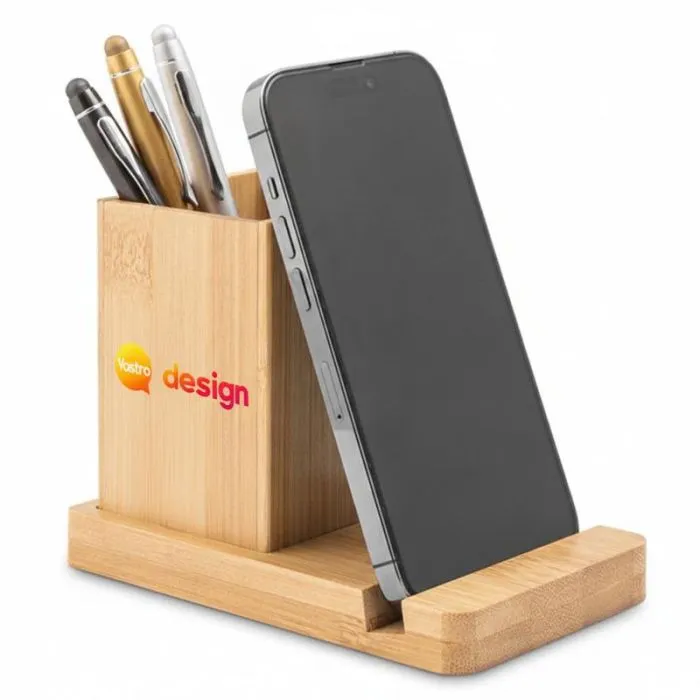 Set da scrivania in bambù personalizzato con supporto per cellulare e portapenne