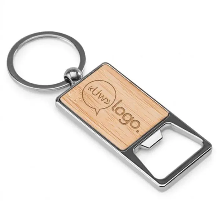Rechthoekige sleutelhanger met flesopener van zink en bamboe, personaliseerbaar – SYLVESTER