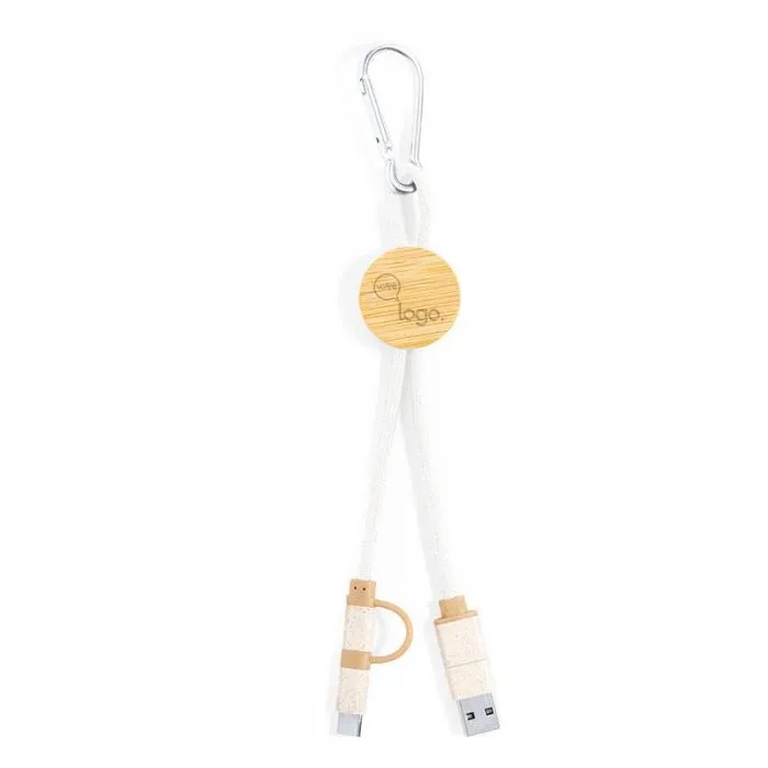 Câble de charge personnalisable en bambou et coton avec mousqueton - Denny