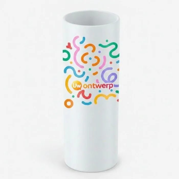 Witte, ondoorzichtige PP-buisvormige glasbeker van 22 cl, personaliseerbaar