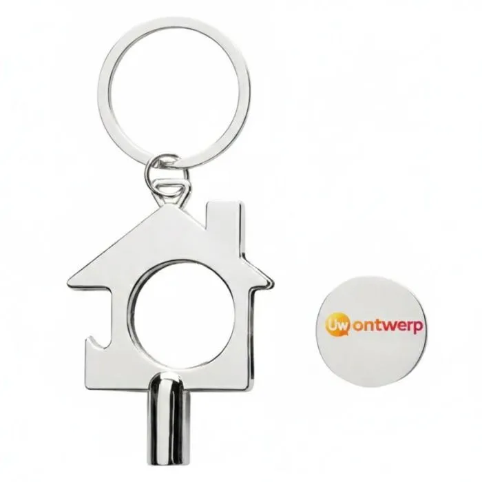 Gepersonaliseerde multifunctionele sleutelhanger van gerecycled zink met muntje en flesopener